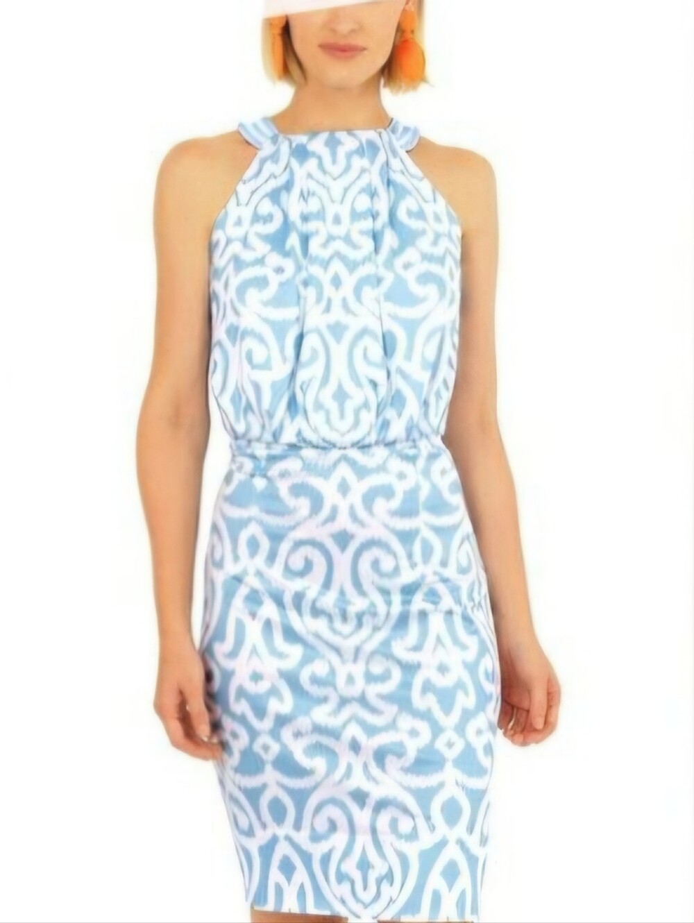 Gretchen Scott Designs Light Blue and White Halter Patterned Midi Dress M NWT